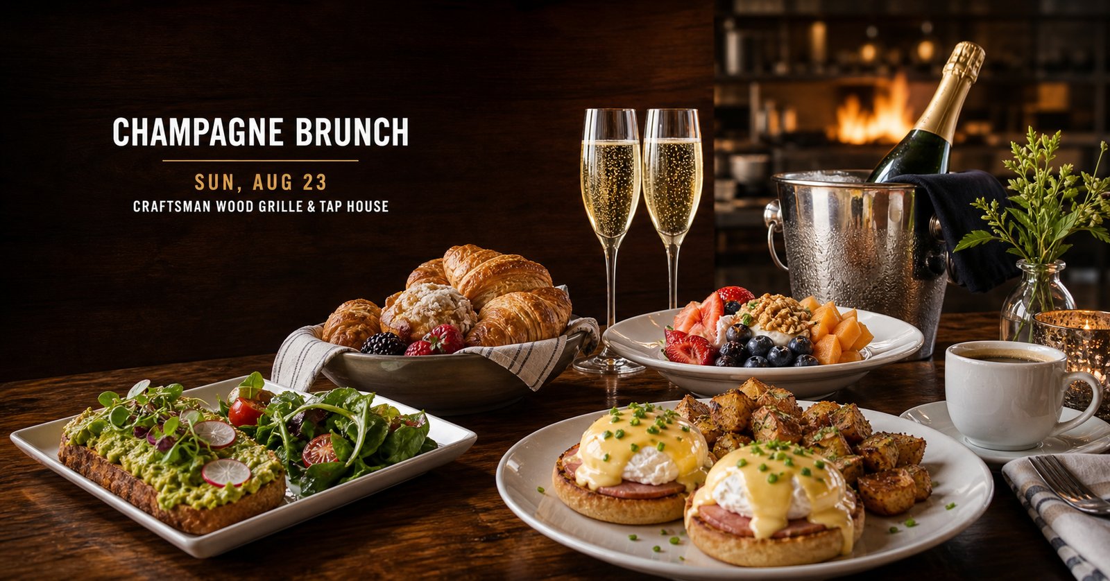 Champagne Brunch Buffet spread featuring Veuve Clicquot at The Craftsman Wood Grille & Tap House, Sunday August 23